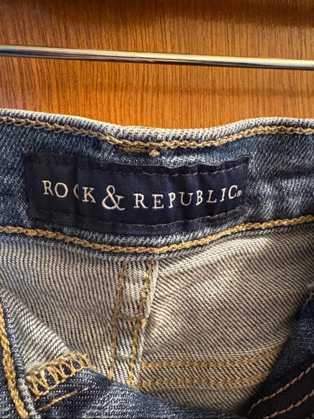 Distressed Blue Denim Cutoff Shorts with Flag Underlay - Picture 2 of 4
